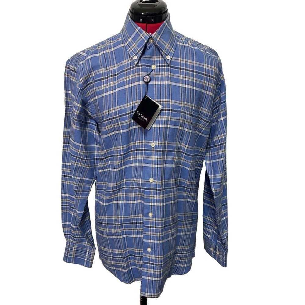Guy Laroche Homme Men’s Blue Long Sleeve Plaid Shirt Size Small
